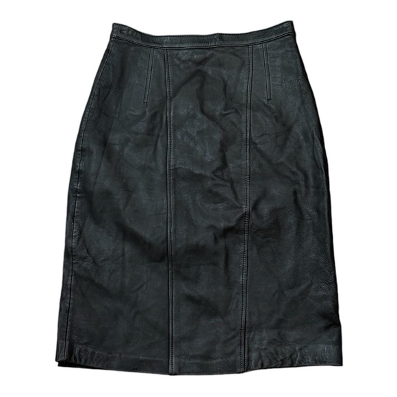 LOWELL & WHITNEY Black Leather Pencil Skirt Size 8 Work Party Date Mini Midi VTG - Picture 1 of 3